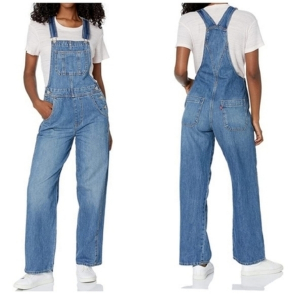 Levi's Loose Fit Overalls Dark - Medium Wash Denim Jeans Jumpsuit 90s Mom - Picture 4 of 11